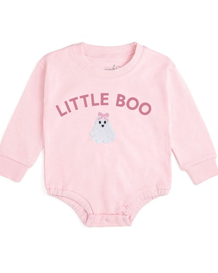 Pink baby romper with 'LITTLE BOO' text and ghost patch