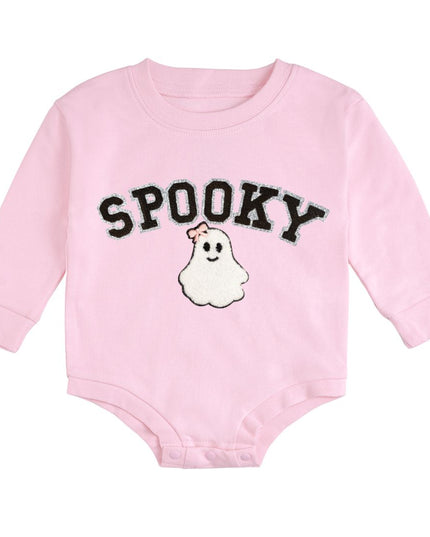 Pink Long Sleeve Romper with Spooky Ghost patch