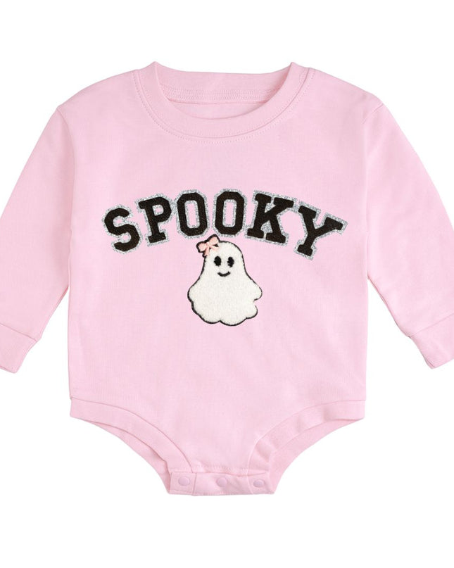Pink Long Sleeve Romper with Spooky Ghost patch