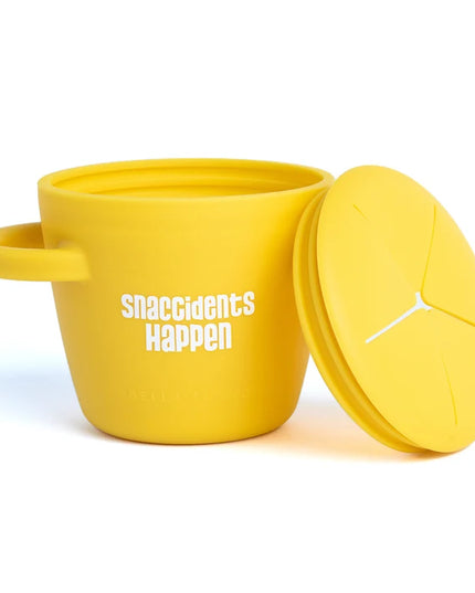 Yellow snack container with lid and handles, featuring the text 'snaccidents Happen' 