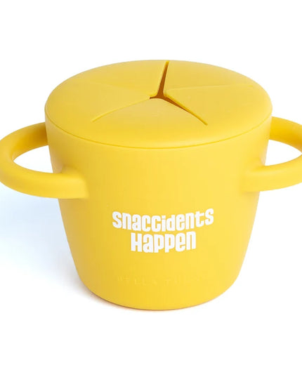 Yellow snack container with a lid and handles, featuring the text 'snaccidents Happen' 