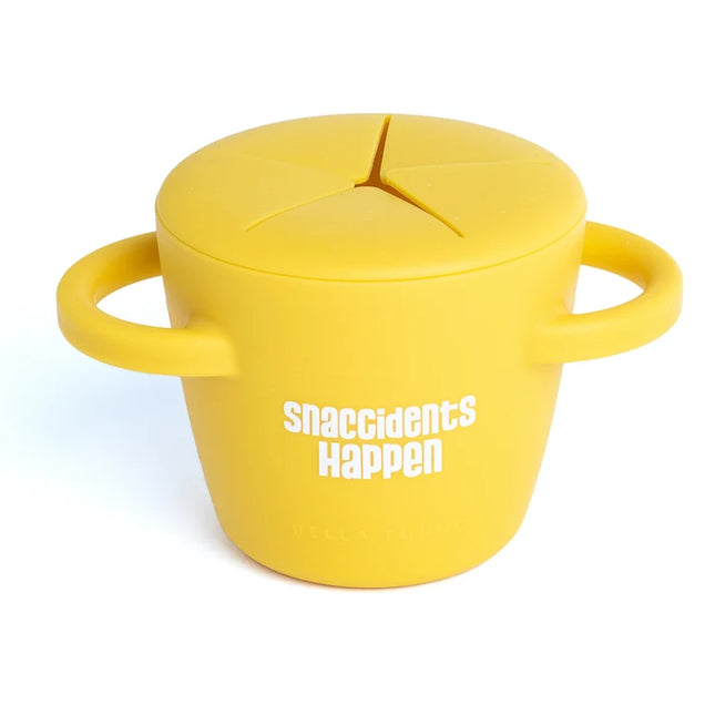 Yellow snack container with a lid and handles, featuring the text 'snaccidents Happen' 