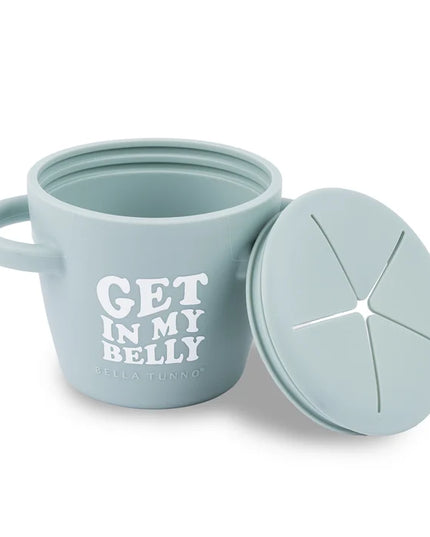 Light blue/green snack container with handles and text 'Get in my belly' 
