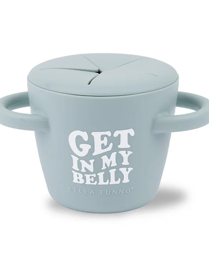 Light blue/green snack container with handles and text 'Get in my belly' 