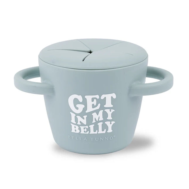 Light blue/green snack container with handles and text 'Get in my belly' 
