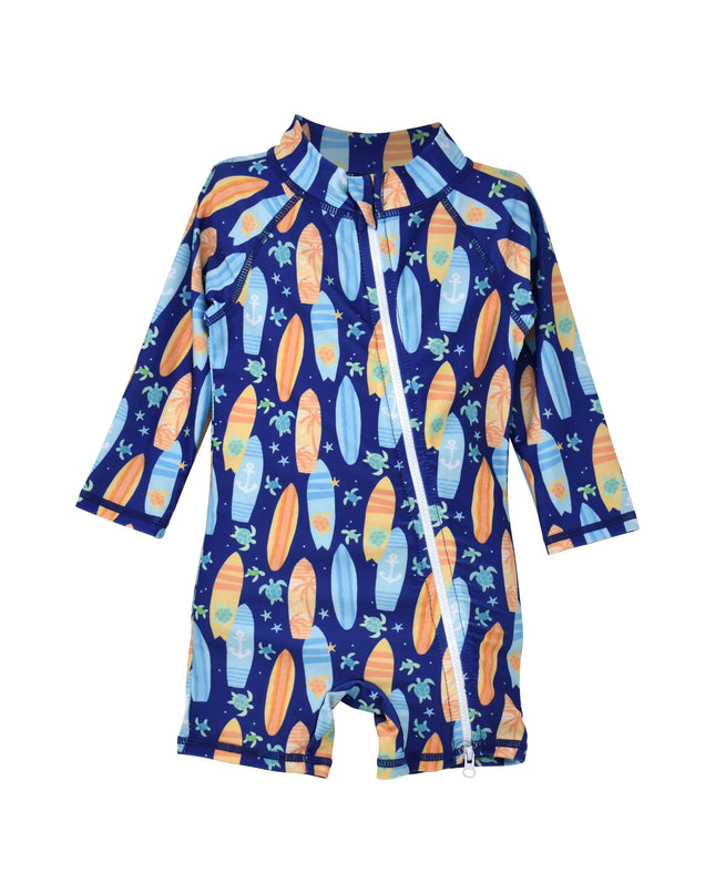 Swimsuit with surfboard and turtle print