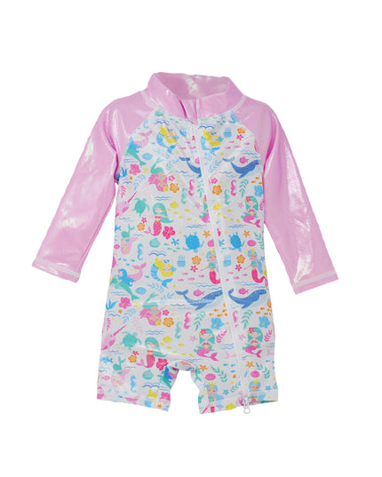 Children's swimsuit with pink long-sleeve top and colorful mermaid pattern 