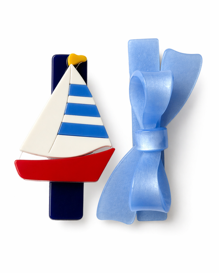 Hair Clip Set - one sail boat and one blue bow
