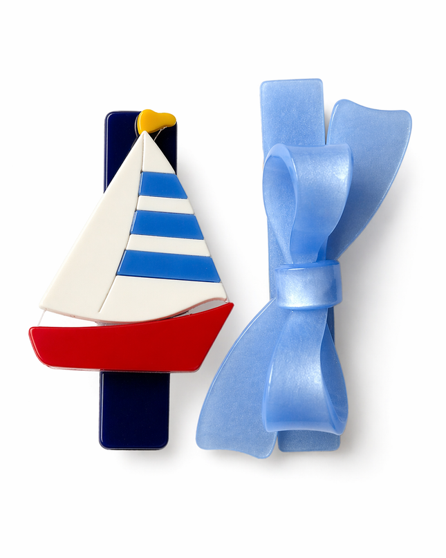 Hair Clip Set - one sail boat and one blue bow