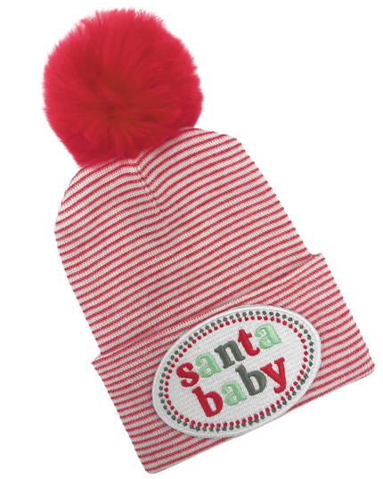 ILYBEAN "Santa Baby" Striped Newborn Hat with Pom Pom