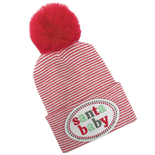 ILYBEAN "Santa Baby" Striped Newborn Hat with Pom Pom