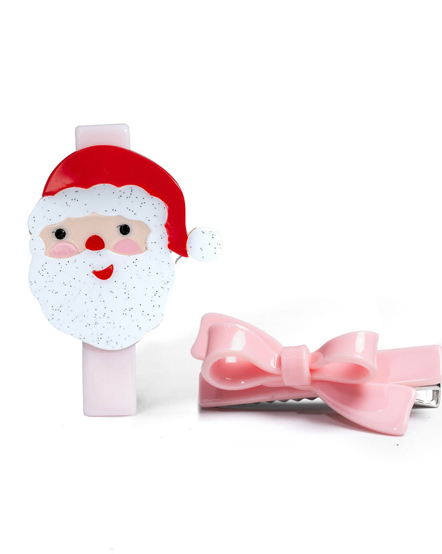 Santa and Pink Bow Hair Clips