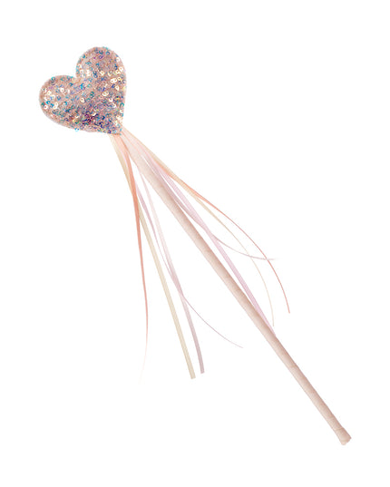 A glittery heart-shaped wand with  pink and white ribbon streamers