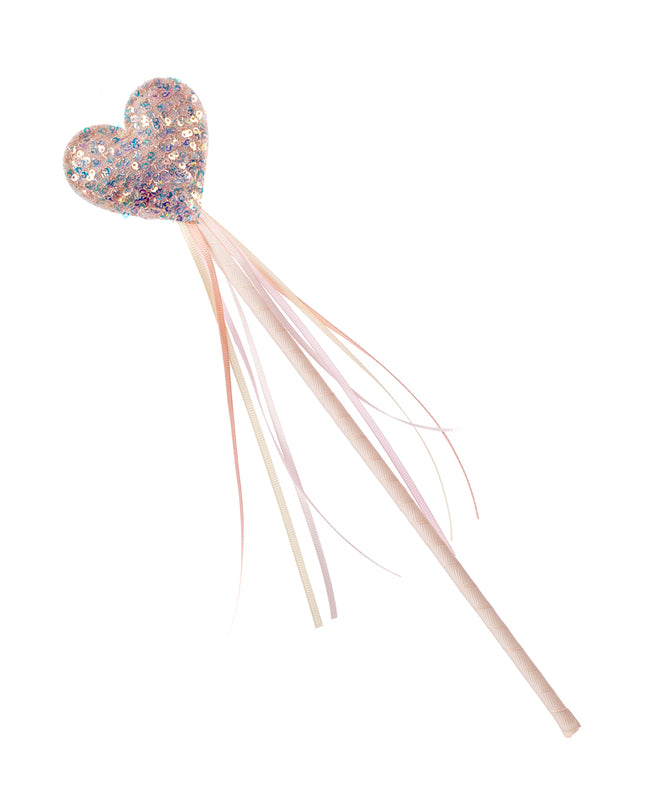 A glittery heart-shaped wand with  pink and white ribbon streamers
