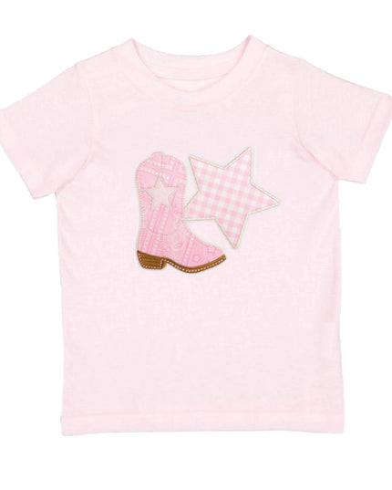 Pink t-shirt with cowboy boot and star patch