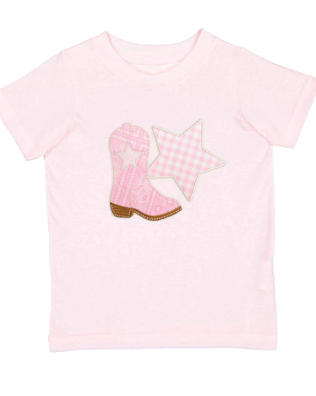 Pink t-shirt with cowboy boot and star patch