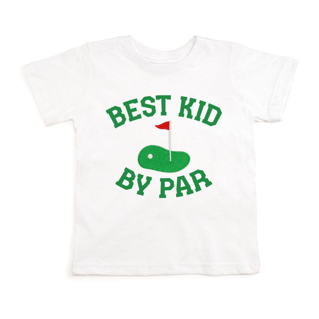 White t-shirt that says best kid by par with golf flag graphic