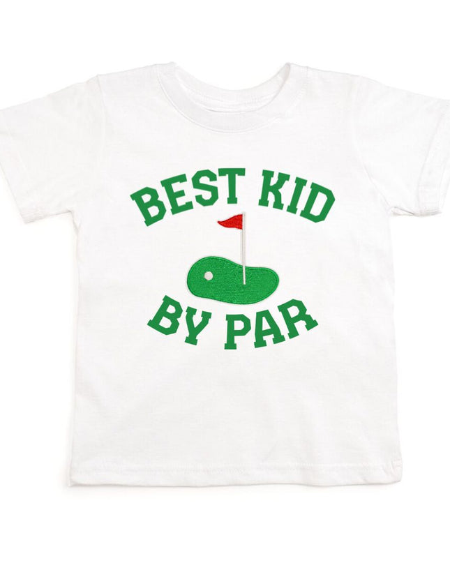 White t-shirt that says best kid by par with golf flag graphic