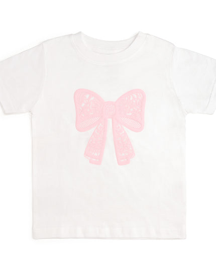White t-shirt with pink lace bow 