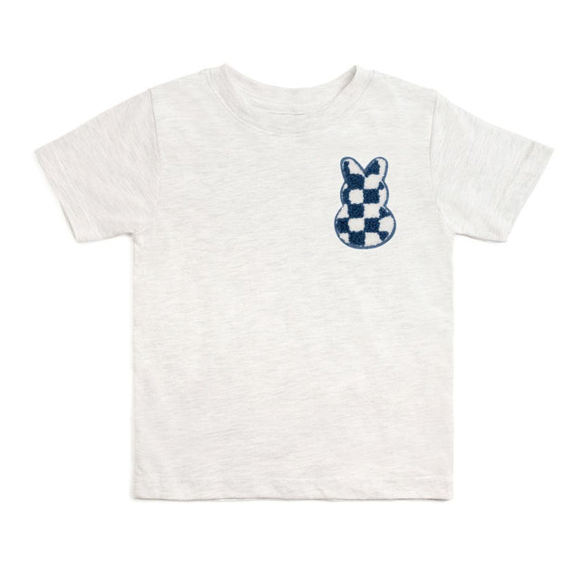 Ash grey t-shirt with blue and white bunny checkered patch