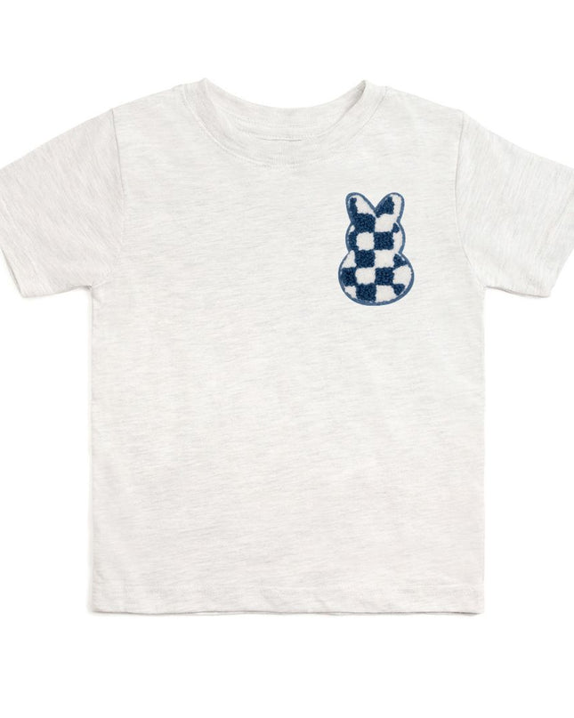 Ash grey t-shirt with blue and white bunny checkered patch