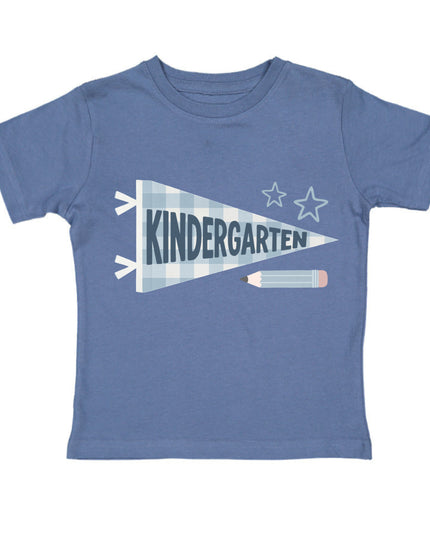 Blue t-shirt with 'kindergarten' pennant flag