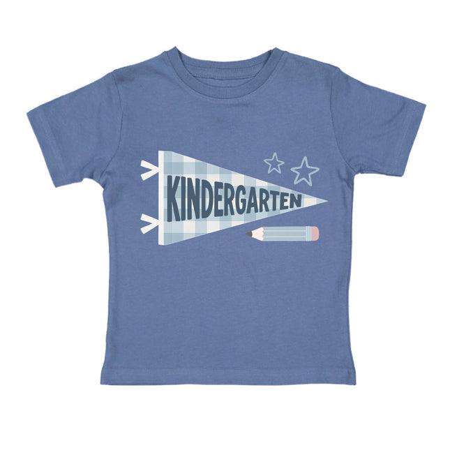 Blue t-shirt with 'kindergarten' pennant flag