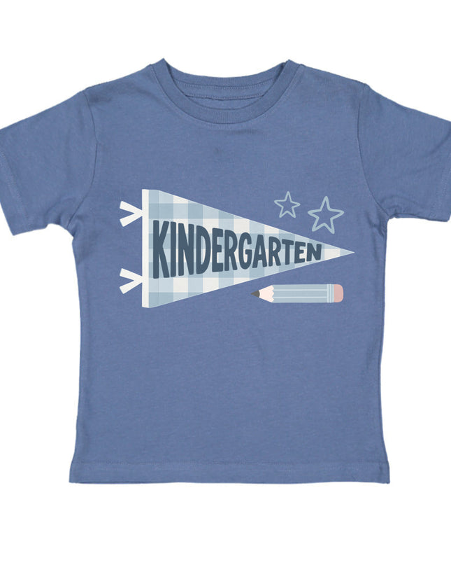 Blue t-shirt with 'kindergarten' pennant flag