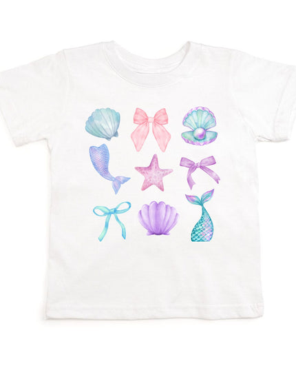White t-shirt with colorful mermaid-themed graphics 