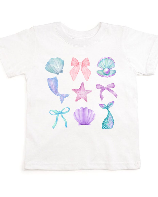 White t-shirt with colorful mermaid-themed graphics 