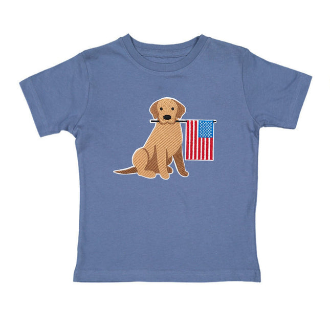 Blue shirt with dog holding American flag