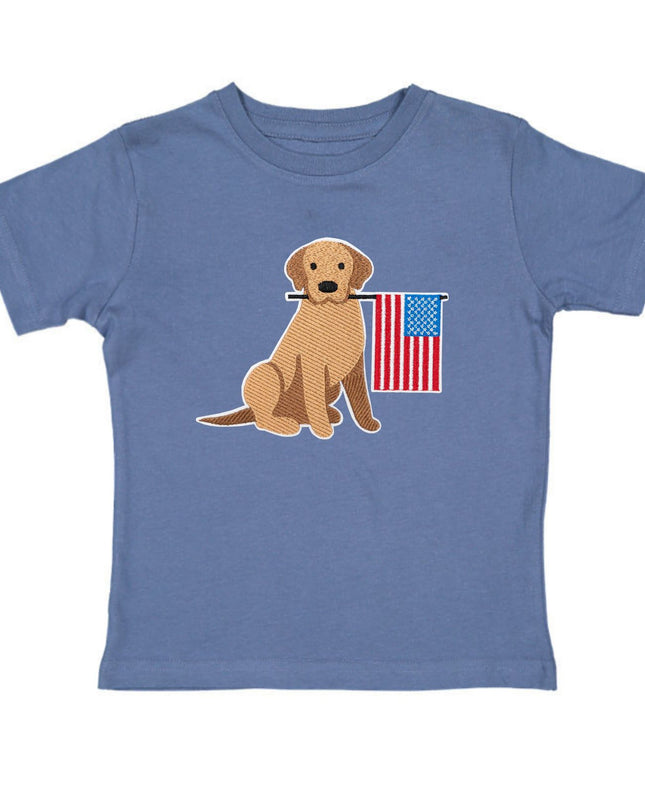 Blue shirt with dog holding American flag
