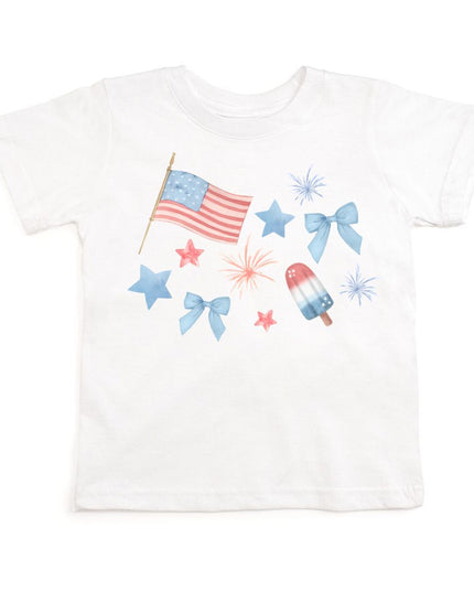 White t-shirt with red, white and blue graphic design