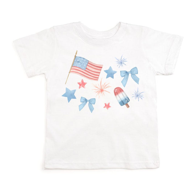 White t-shirt with red, white and blue graphic design