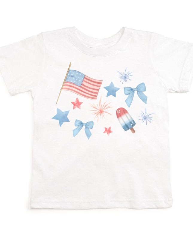 White t-shirt with red, white and blue graphic design