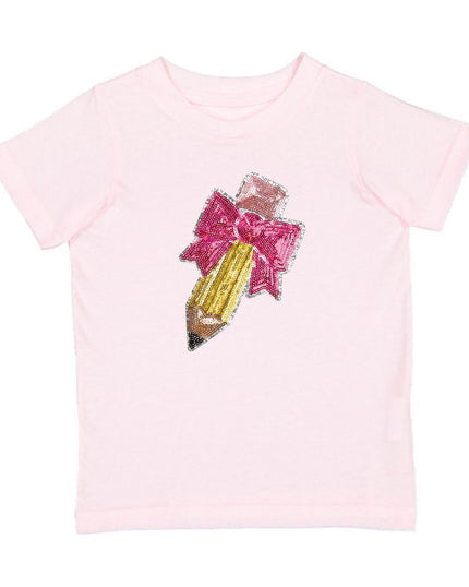Pencil Bow Sequin Patch Short Sleeve Pink T-Shirt