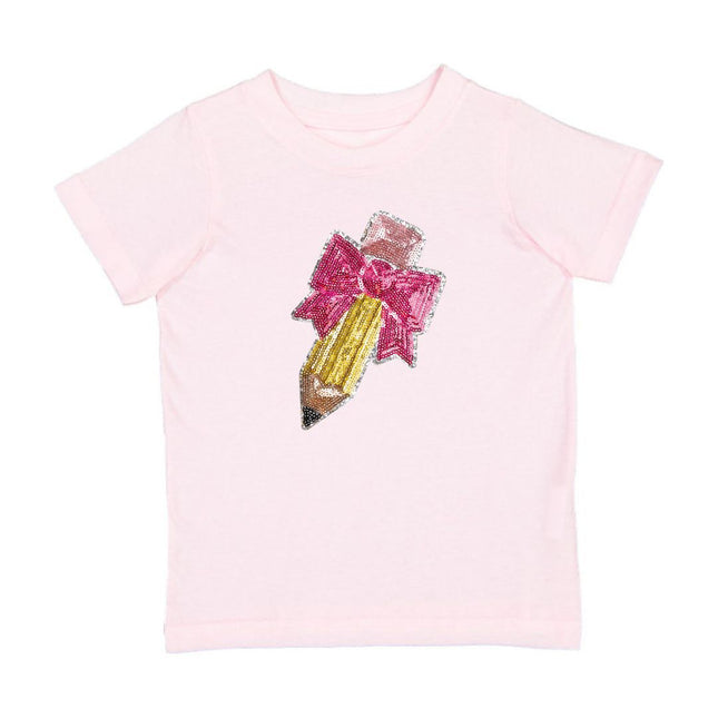 Pencil Bow Sequin Patch Short Sleeve Pink T-Shirt