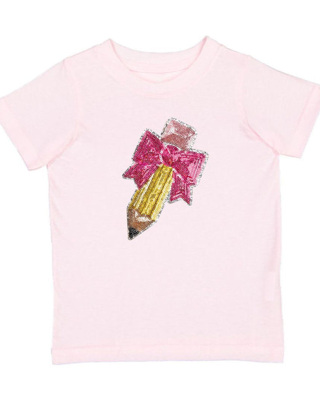 Pencil Bow Sequin Patch Short Sleeve Pink T-Shirt