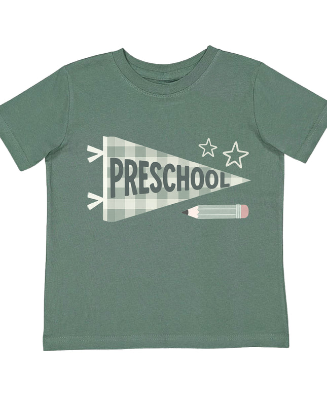 Green t-shirt with 'preschool' banner 
