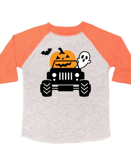 3/4 Sleeve T-shirt with truck, pumpkin, ghost and bat graphic