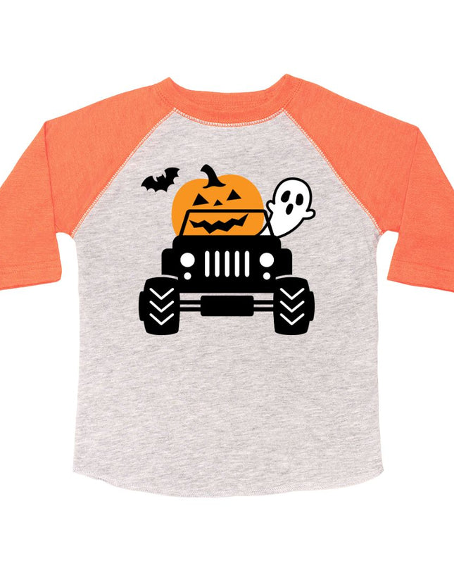 3/4 Sleeve T-shirt with truck, pumpkin, ghost and bat graphic