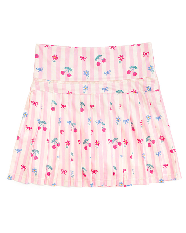 Pink and white striped skort with cherries and bows