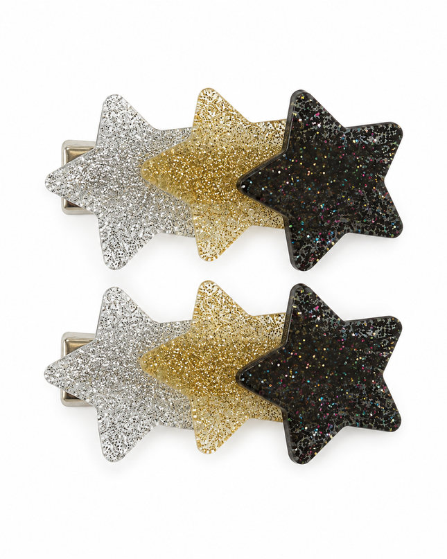 Hair Clips with Silver, Gold and Black Glitter Stars