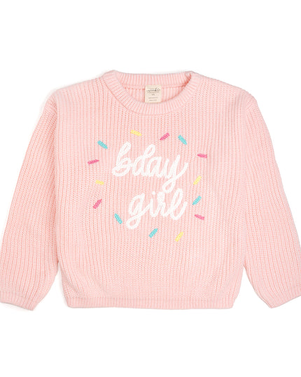 Pink Sweater embroidered with Bday girl and sprinkles 