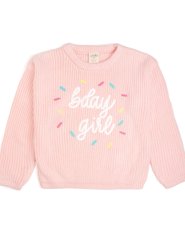 Pink Sweater embroidered with Bday girl and sprinkles 