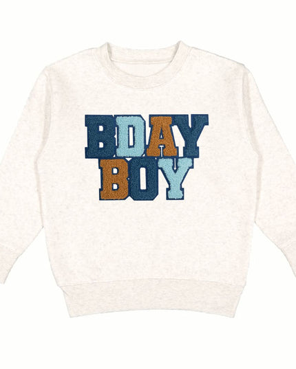 Natural color crewneck sweatshirt with Bday Boy Patch in Blues and Brown Hues