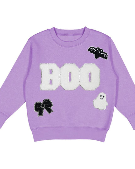 Purple Sweatshirt with Boo Patch and Ghost, Bat, and Bow details.