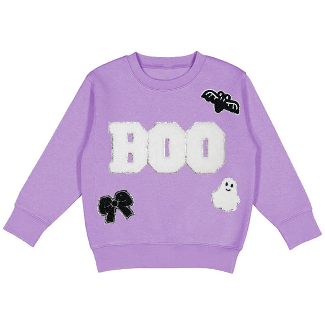 Purple Sweatshirt with Boo Patch and Ghost, Bat, and Bow details.