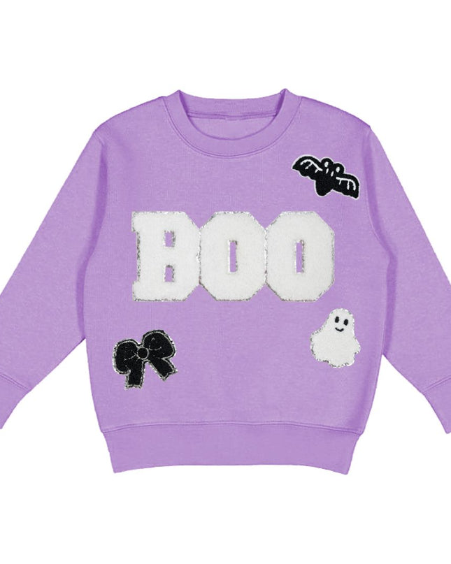 Purple Sweatshirt with Boo Patch and Ghost, Bat, and Bow details.