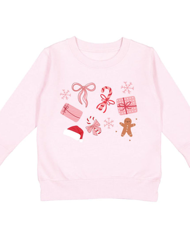 Pink crewneck sweatshirt with fun Christmas graphics